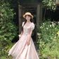 Pink long v-neck short-sleeved waist dress summer French retro temperament high-end dress R4743