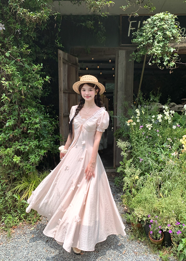 Pink long v-neck short-sleeved waist dress summer French retro temperament high-end dress R4743