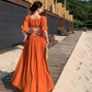 Gentle Temperament Square Neck Puff Sleeve Dress Backless Slit Long Dress R0599