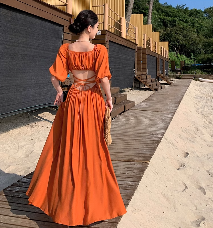 Gentle Temperament Square Neck Puff Sleeve Dress Backless Slit Long Dress R0599