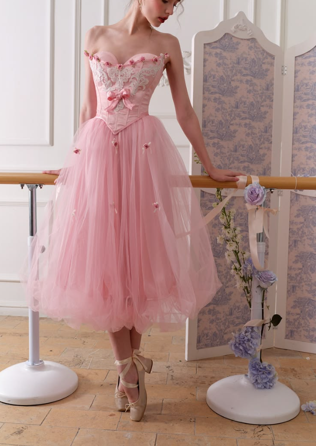 Princess Style Pink Birthday Dress A-Line Square Corset Midi Prom Dress RS669