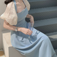 Blue halter neck square neck puff sleeve dress        S5799