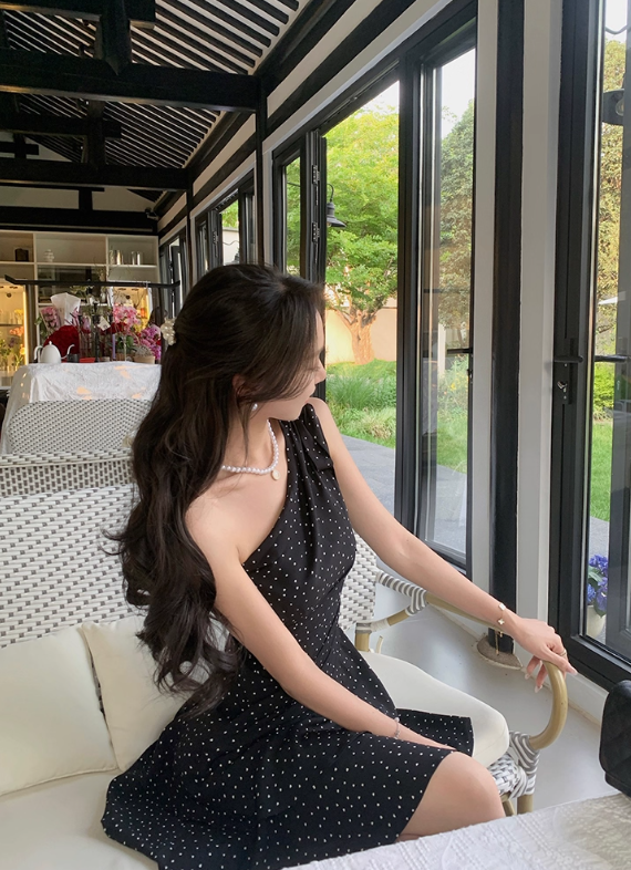 French style irregular dress with oblique shoulder, slim waist and black polka dot short skirt for summer R4335