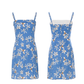 French floral suspender skirt blue dress short skirt summer skirt R2697