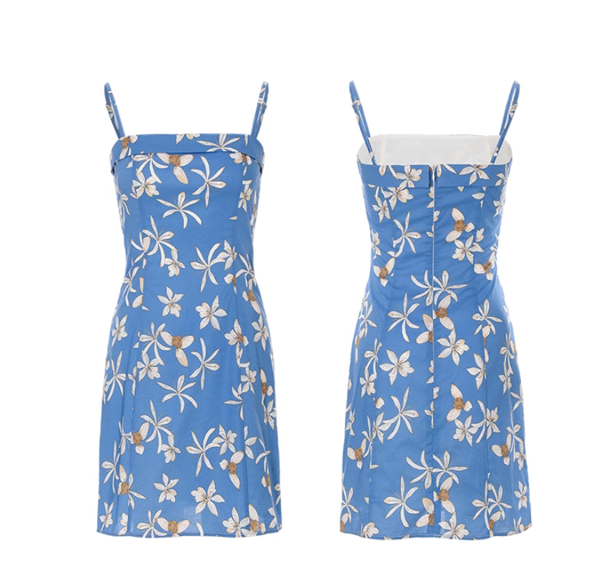 French floral suspender skirt blue dress short skirt summer skirt R2697