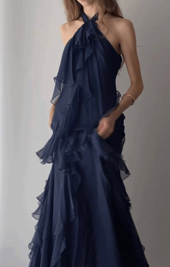 Elegant Navy Ruffled Halter Chiffon Maxi Prom Dress RS672
