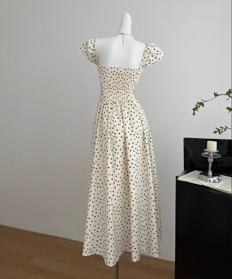 French style small flying sleeve polka dot dress temperament slim long skirt design R2052