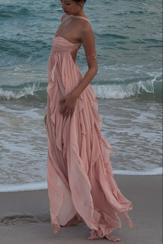 Elegant Pink Ruffled Halter Chiffon Maxi Summer Dress Casual Dress RS673