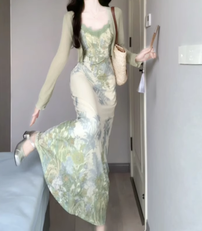 Floral suspender dress beautiful waist dating dress summer R0730