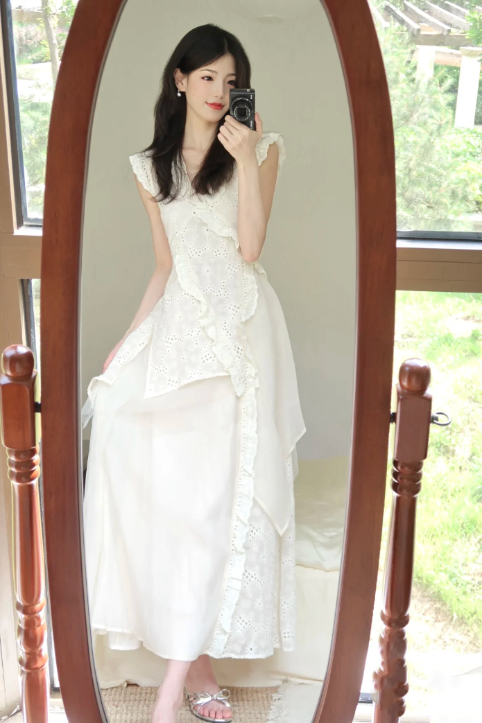 Hollow design dress gentle style first love waist temperament long dress R0731