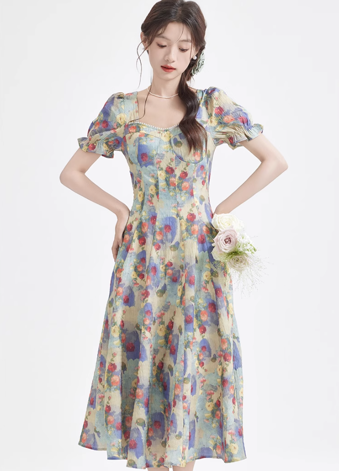 Tea break French retro oil painting dress new beach dress holiday super fairy dress R2389