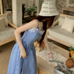 Fairy pure waist skirt suspenders plaid long skirt lace holiday style dress R1753