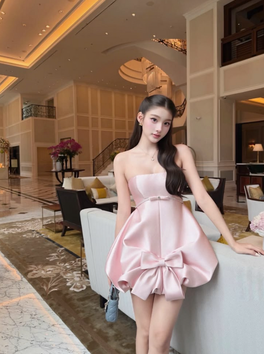 Girlish Satin Bow Women's Homecoming Dress Pink Corset Short Prom Dress Party Dress RS2878