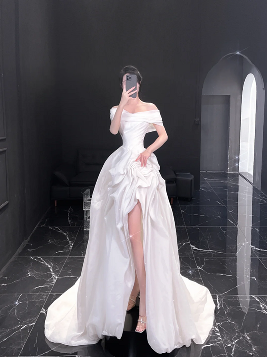 White one-shoulder slim waist satin slit sexy skirt bridal dress R6017