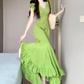 Retro green dress high-grade v-neck temperament step by step lotus fishtail skirt R0735