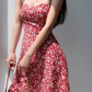 Retro girl red floral suspender skirt slim fit waist strappy short skirt holiday dress R2804