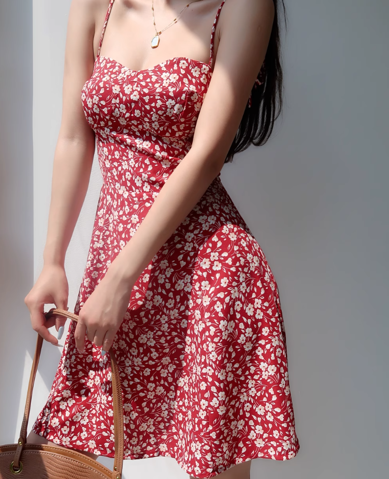 Retro girl red floral suspender skirt slim fit waist strappy short skirt holiday dress R2804