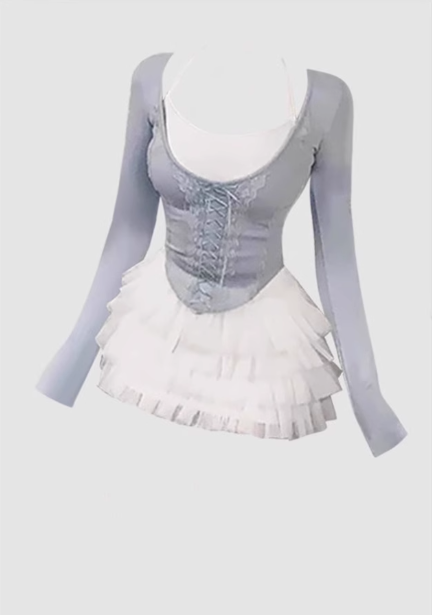 Pure desire design fake two-piece strap top 2025 large size ballet style cake skirt suit R1295