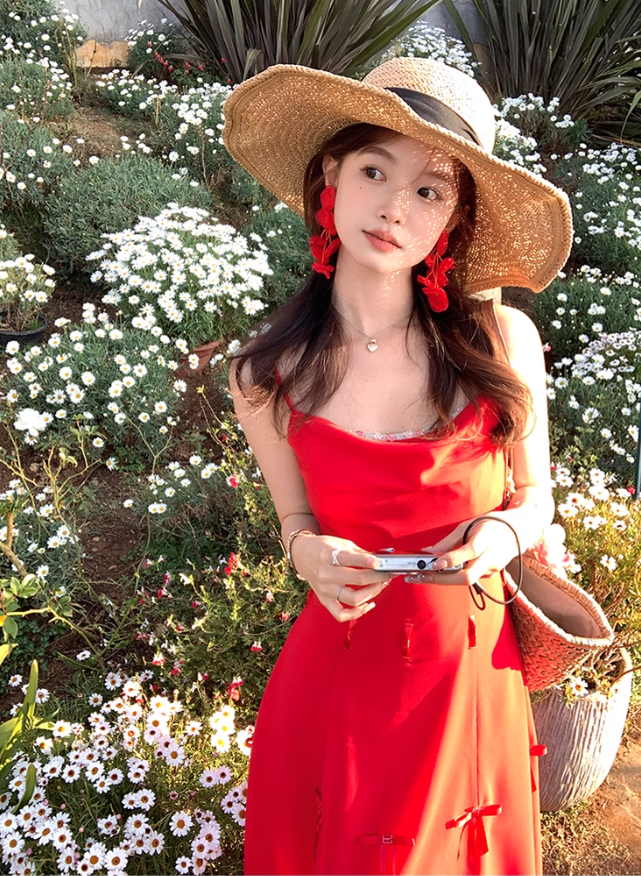 Red mid-length waist suspender dress summer retro temperament high-end skirt R4861