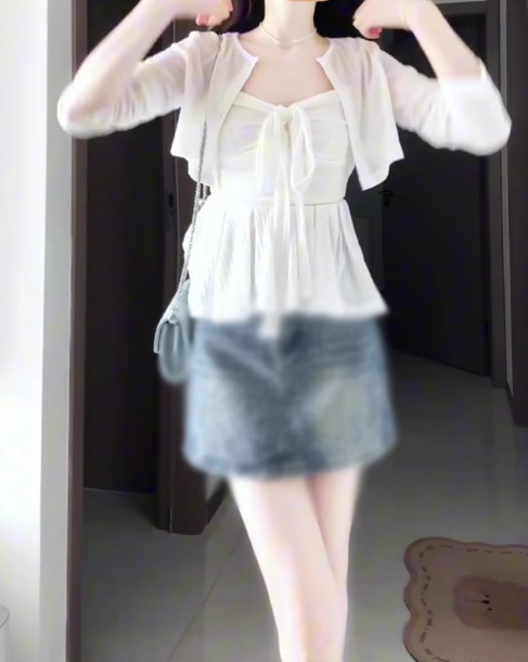 Gentle temperament white cardigan camisole vest denim shorts three-piece set R0888