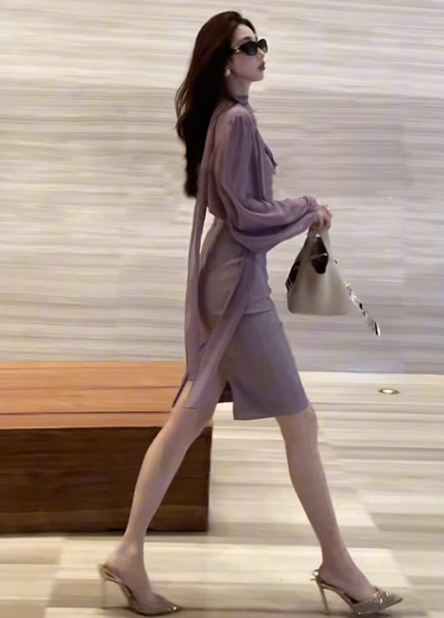 Large size French elegant intellectual temperament ribbon shirt hip skirt purple suit R1851