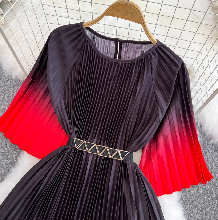 Light mature style celebrity temperament waist slimming A-line large swing printed pleated dress R0307