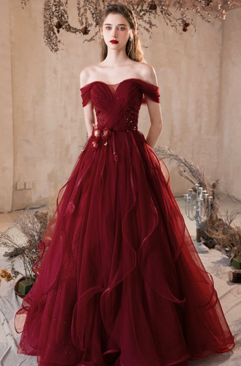 French Chic Burgundy A-Line Bateau Applique Maxi Evening Dress Prom Dress RS461