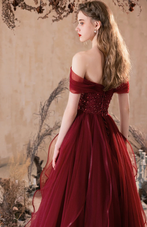 French Chic Burgundy A-Line Bateau Applique Maxi Evening Dress Prom Dress RS461