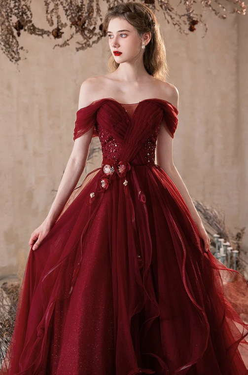 French Chic Burgundy A-Line Bateau Applique Maxi Evening Dress Prom Dress RS461