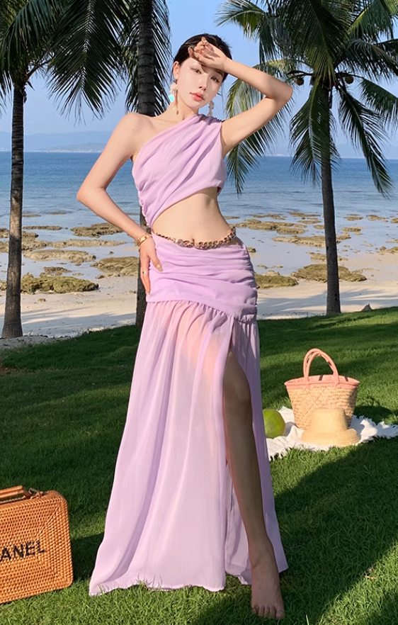 Photo skirt waist-baring one-shoulder dress design seaside atmosphere holiday beach skirt R1592