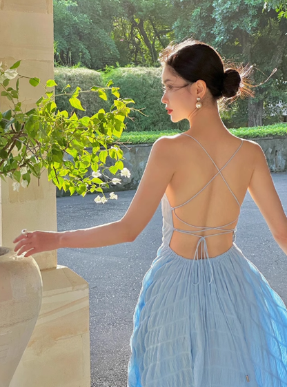 French sexy backless strap blue suspender dress atmosphere seaside holiday long dress R0221