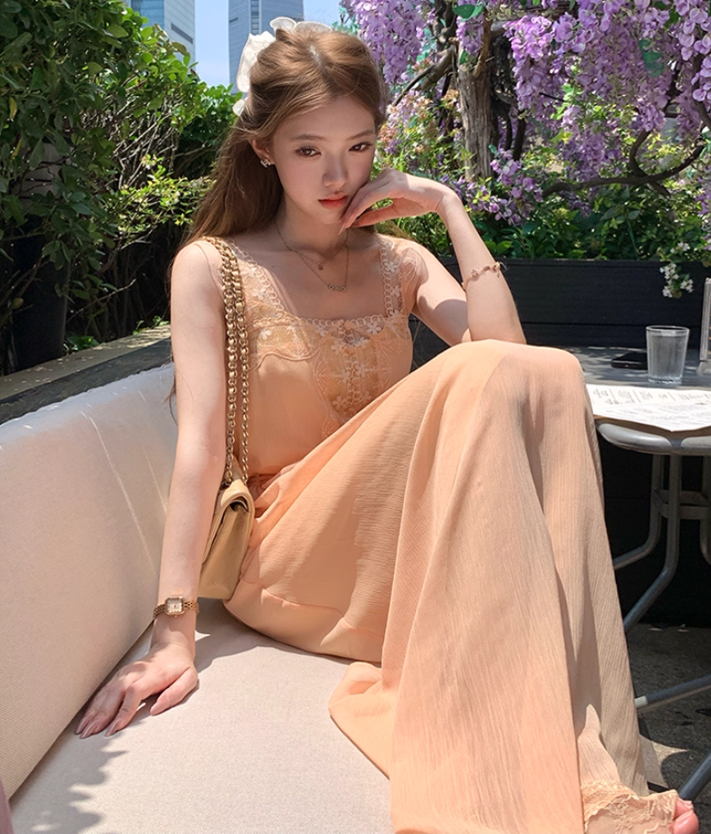 Solid color square neck lace suspender dress summer French retro temperament loose slim skirt R4663