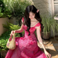 Sweet Barbie Pink Beaded Summer Dress A-Line Portrait Corset Maxi Prom Dress RS699