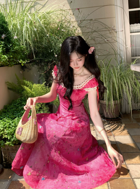 Sweet Barbie Pink Beaded Summer Dress A-Line Portrait Corset Maxi Prom Dress RS699