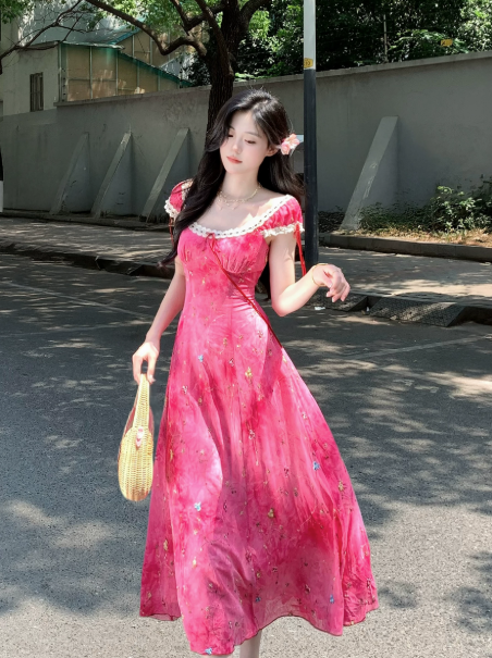 Sweet Barbie Pink Beaded Summer Dress A-Line Portrait Corset Maxi Prom Dress RS699