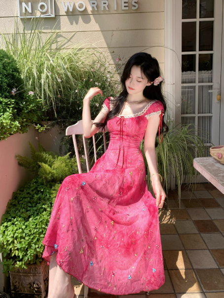 Sweet Barbie Pink Beaded Summer Dress A-Line Portrait Corset Maxi Prom Dress RS699