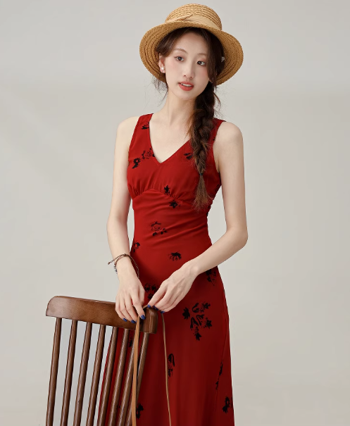 French retro V-neck red vest dress summer waist slimming skirt R1923