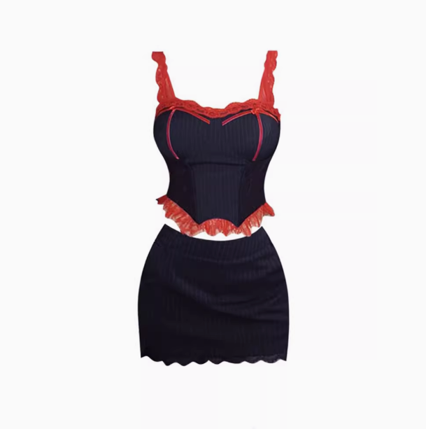 Sexy hot girl striped suit lace suspenders 2025 large size high-end hip skirt suit R1041