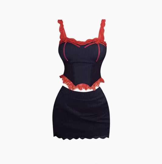 Sexy hot girl striped suit lace suspenders 2025 large size high-end hip skirt suit R1041