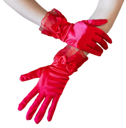 Lace Trim Satin Gloves Wedding Bride Elegant Wrist Lace Gloves For Opera Dinner Party     S6224