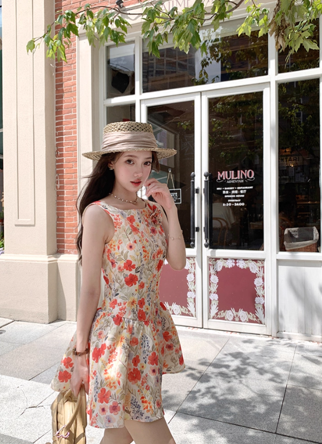 Printed waist suspender dress French retro skirt R4947