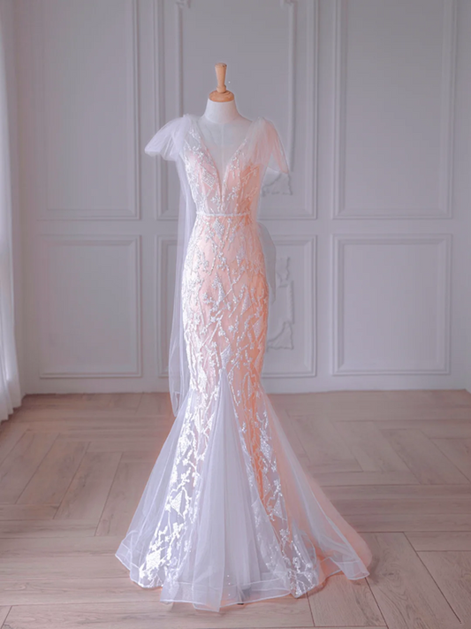 Light pink sequined slim waist fishtail skirt bridal dress R6018