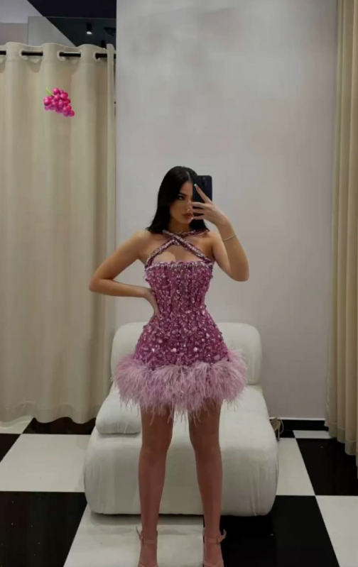 Glitter Feather Decor Women's Homecoming Dress Purple Corset Short Prom Dress Party Dress RS2495