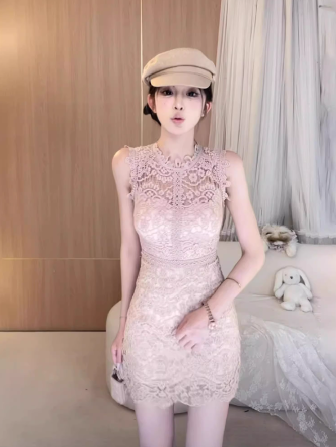 Pure desire design lace sleeveless dress 2025 sexy hot girl waist hip short skirt R1131