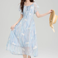 French blue beautiful floral dress new style holiday style waist temperament long skirt R2398