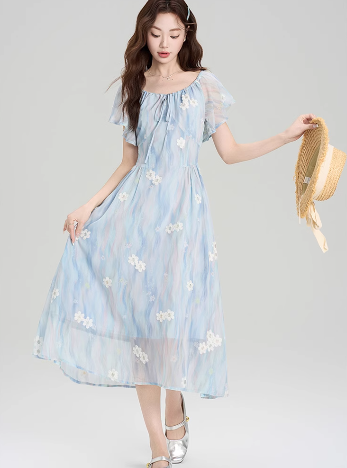 French blue beautiful floral dress new style holiday style waist temperament long skirt R2398
