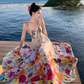 Beach long dress with flowers and floral pattern, high waist chiffon suspenders and large skirt R1628