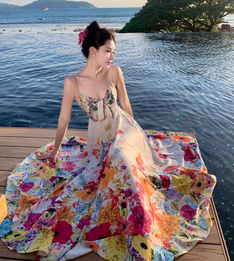 Beach long dress with flowers and floral pattern, high waist chiffon suspenders and large skirt R1628