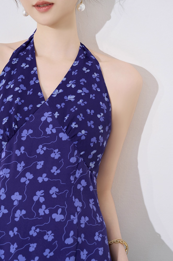 French halterneck dress for women summer design temperament waist slimming floral dress R4459