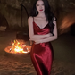 Retro suspenders red acetate swing collar hip-wrapped backless slim holiday inner skirt R1432